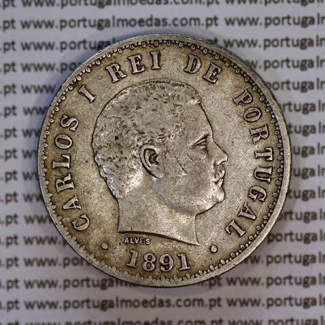 Portugal, silver coin of 500 réis 1891 of D. Carlos I, (VF+), World Coins Portugal KM 535