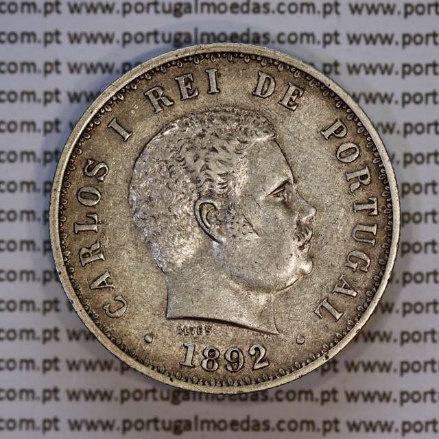 Portugal, silver coin of 500 réis 1892 of D. Carlos I, (XF), World Coins Portugal KM 535