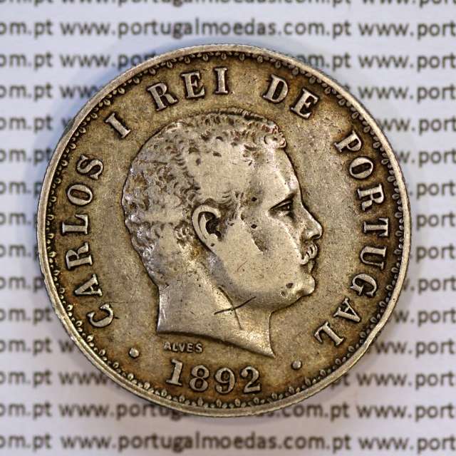 500 réis 1891 prata D. Carlos I, cinco tostões prata 1892 reinado D. Carlos I, (MBC), World Coins Portugal KM 535