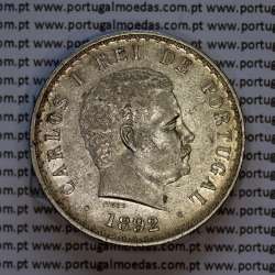 Portugal, silver coin of 500 réis 1892 of D. Carlos I, date variant amended  of 1892 on 1891, (XF), World Coins Portugal KM 535