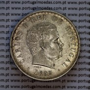 Portugal, silver coin of 500 réis 1892 of D. Carlos I, date variant amended  of 1892 on 1891, (XF), World Coins Portugal KM 535