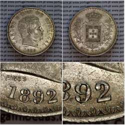 Portugal, silver coin of 500 réis 1892 of D. Carlos I, date variant amended  of 1892 on 1891, (XF), World Coins Portugal KM 535