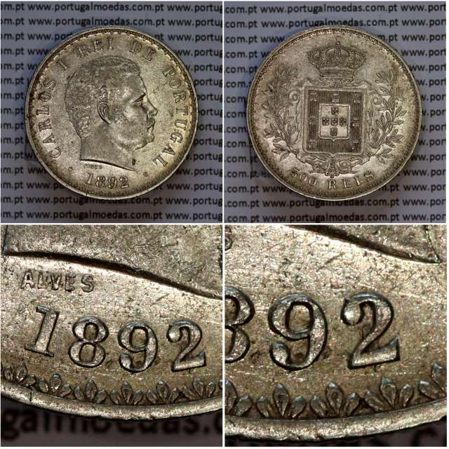 Portugal, silver coin of 500 réis 1892 of D. Carlos I, date variant amended  of 1892 on 1891, (XF), World Coins Portugal KM 535