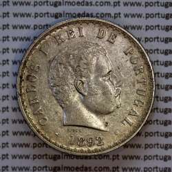 Portugal, silver coin of 500 réis 1892 of D. Carlos I, date variant amended  of 1892 on 1891, (XF), World Coins Portugal KM 535