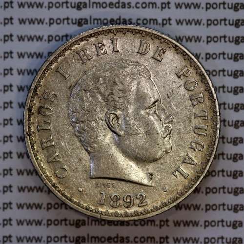 500 réis 1892 prata D. Carlos I, variante data emendada 1892 sobre 1891, (MBC+/Bela), World Coins Portugal KM 535