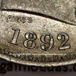 Portugal, silver coin of 500 réis 1892 of D. Carlos I, date variant amended  of 1892 on 1891, (XF), World Coins Portugal KM 535
