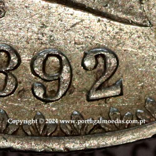 Portugal, silver coin of 500 réis 1892 of D. Carlos I, date variant amended  of 1892 on 1891, (XF), World Coins Portugal KM 535
