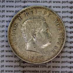 500 réis 1892 prata D. Carlos I, variante data emendada 1892 sobre 1891, (MBC+), World Coins Portugal KM 535