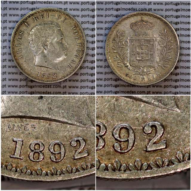 Portugal, silver coin of 500 réis 1892 of D. Carlos I, date variant amended  of 1892 on 1891, (VF+), World Coins Portugal KM 535