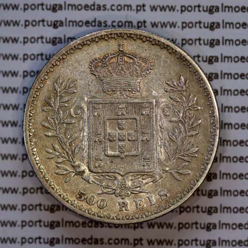 Portugal, silver coin of 500 réis 1892 of D. Carlos I, date variant amended  of 1892 on 1891, (VF+), World Coins Portugal KM 535