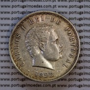 Portugal, silver coin of 500 réis 1892 of D. Carlos I, date variant amended  of 1892 on 1891, (VF+), World Coins Portugal KM 535