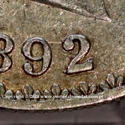 Portugal, silver coin of 500 réis 1892 of D. Carlos I, date variant amended  of 1892 on 1891, (VF+), World Coins Portugal KM 535