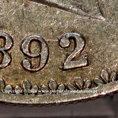 Portugal, silver coin of 500 réis 1892 of D. Carlos I, date variant amended  of 1892 on 1891, (VF+), World Coins Portugal KM 535