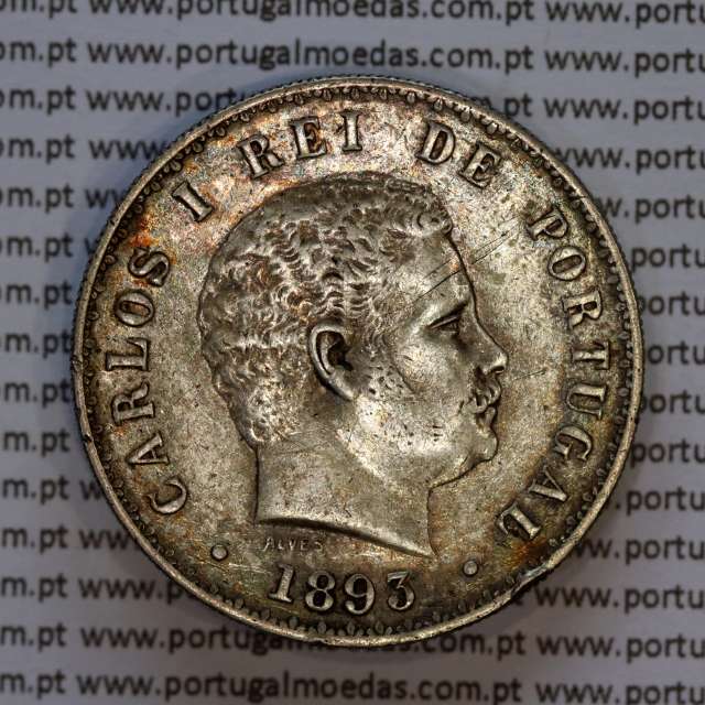 500 réis 1893 prata D. Carlos I, cinco tostões prata 1893 reinado D. Carlos I, (MBC+), World Coins Portugal KM 535