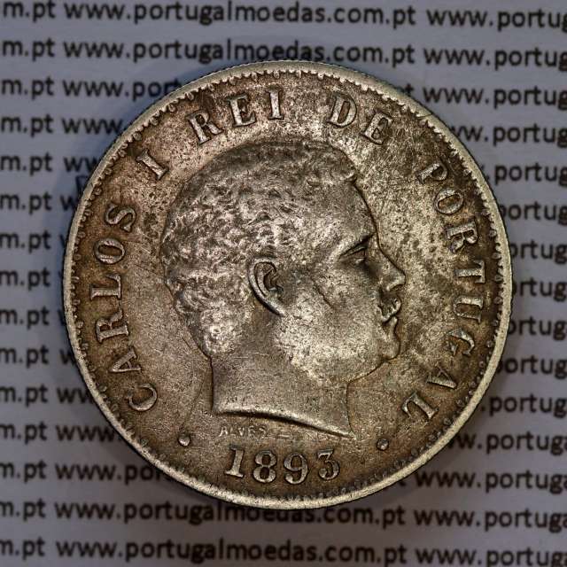 500 réis 1893 prata D. Carlos I, cinco tostões prata 1893 reinado D. Carlos I, (MBC+), World Coins Portugal KM 535