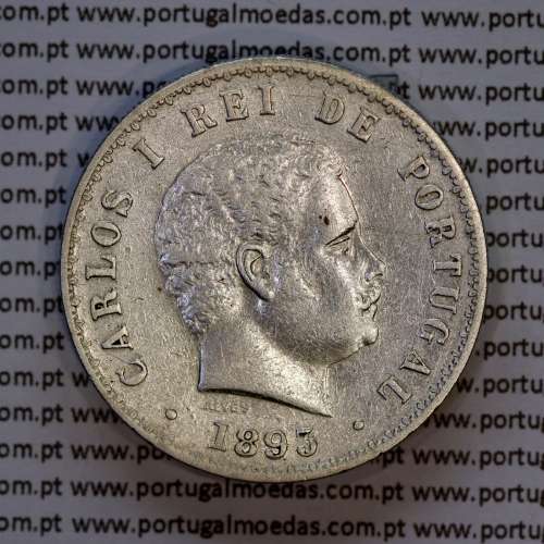 Portugal, silver coin of 500 réis 1893 of D. Carlos I, (VF+), World Coins Portugal KM 535