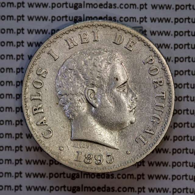 500 réis 1893 prata D. Carlos I, cinco tostões prata 1893 reinado D. Carlos I, (MBC+), World Coins Portugal KM 535