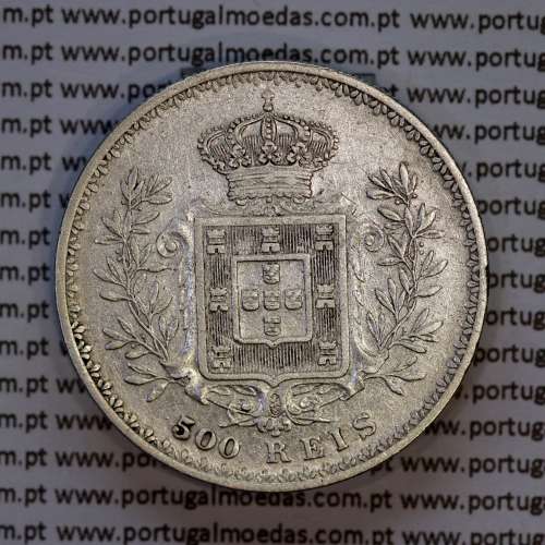 500 réis 1893 prata D. Carlos I, cinco tostões prata 1893 reinado D. Carlos I, (MBC+), World Coins Portugal KM 535