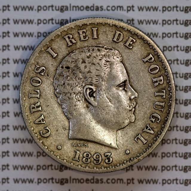 500 réis 1893 prata D. Carlos I, cinco tostões prata 1893 reinado D. Carlos I, (MBC+), World Coins Portugal KM 535