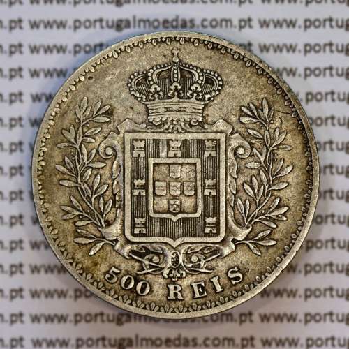 500 réis 1893 prata D. Carlos I, cinco tostões prata 1893 reinado D. Carlos I, (MBC+), World Coins Portugal KM 535