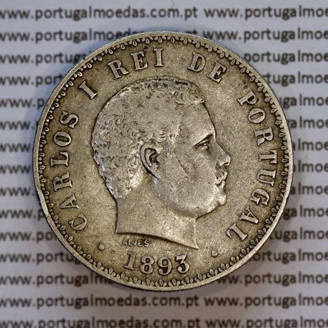 Portugal, silver coin of 500 réis 1893 of D. Carlos I, (VF), World Coins Portugal KM 535