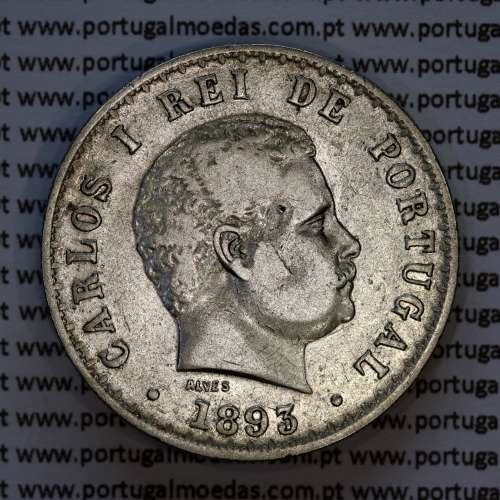 500 réis 1893 prata D. Carlos I, cinco tostões prata 1893 reinado D. Carlos I, (MBC), World Coins Portugal KM 535