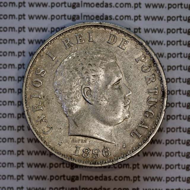 500 réis 1896 prata D. Carlos I, cinco tostões prata 1896 reinado D. Carlos I, (MBC+), World Coins Portugal KM 535