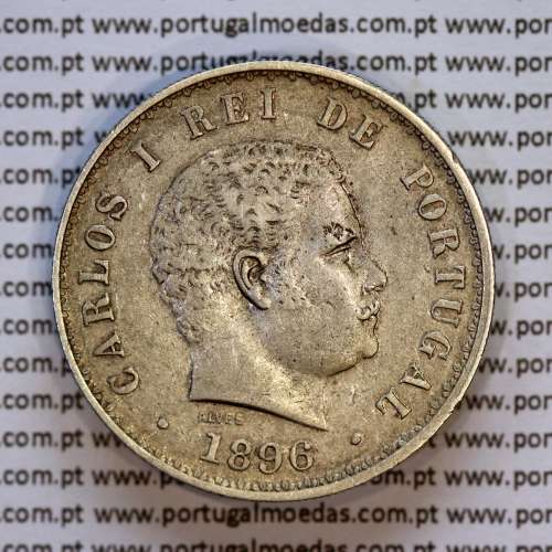500 réis 1896 prata D. Carlos I, cinco tostões prata 1896 reinado D. Carlos I, (MBC+), World Coins Portugal KM 535