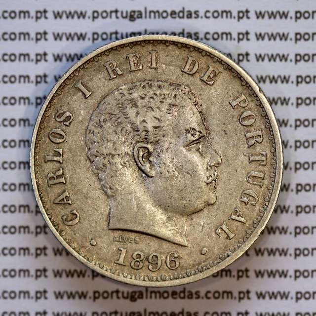 500 réis 1896 prata D. Carlos I, cinco tostões prata 1896 reinado D. Carlos I, (MBC+), World Coins Portugal KM 535