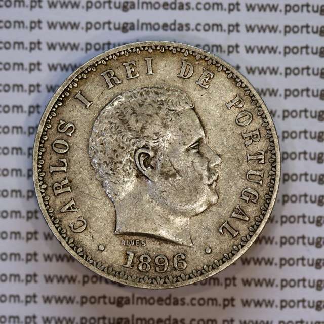 500 réis 1896 prata D. Carlos I, cinco tostões prata 1896 reinado D. Carlos I, (MBC+), World Coins Portugal KM 535