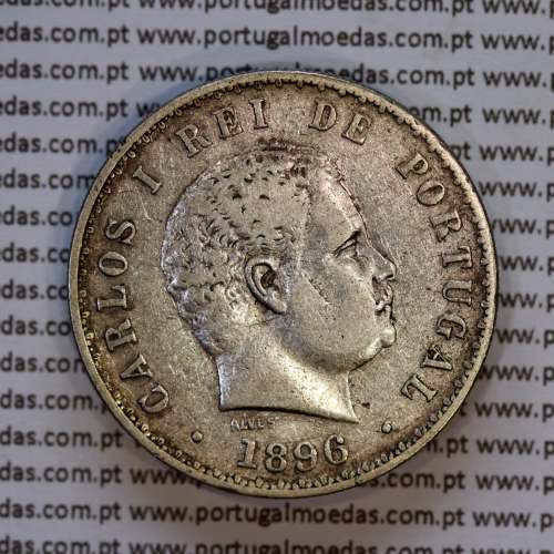 500 réis 1896 prata D. Carlos I, cinco tostões prata 1896 reinado D. Carlos I, (MBC), World Coins Portugal KM 535
