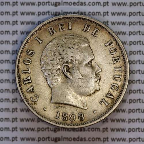 500 réis 1898 prata D. Carlos I, cinco tostões prata 1898 reinado D. Carlos I, (MBC+), World Coins Portugal KM 535