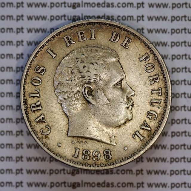 500 réis 1898 prata D. Carlos I, cinco tostões prata 1898 reinado D. Carlos I, (MBC+), World Coins Portugal KM 535