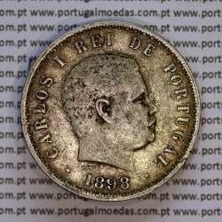500 réis 1898 prata D. Carlos I, cinco tostões prata 1898 reinado D. Carlos I, (MBC), World Coins Portugal KM 535