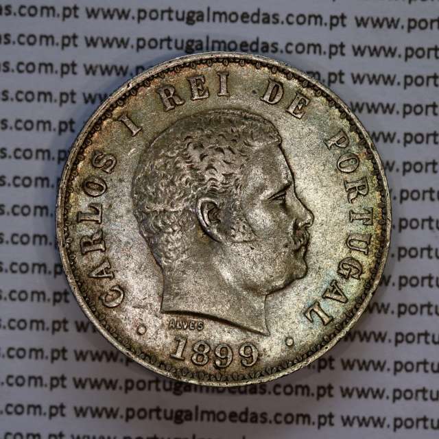 500 réis 1899 prata D. Carlos I, cinco tostões prata 1899 reinado D. Carlos I, (MBC+/Bela-), World Coins Portugal KM 535