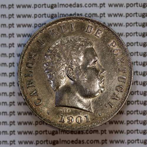 500 réis 1901 prata D. Carlos I, cinco tostões prata 1901 reinado D. Carlos I, (MBC+), World Coins Portugal KM 535