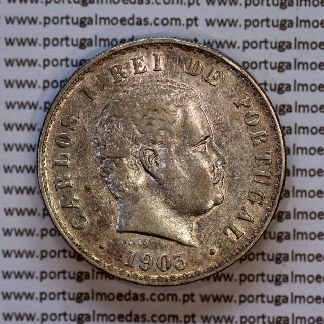500 réis 1903 prata D. Carlos I, cinco tostões prata 1903 reinado D. Carlos I, (MBC+), World Coins Portugal KM 535