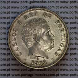 500 réis 1903 prata D. Carlos I, cinco tostões prata 1903 reinado D. Carlos I, (MBC), World Coins Portugal KM 535