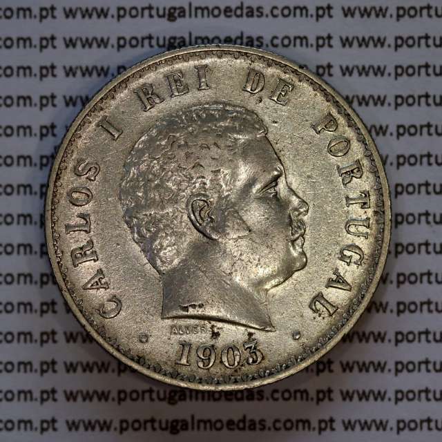 500 réis 1903 prata D. Carlos I, cinco tostões prata 1903 reinado D. Carlos I, (MBC), World Coins Portugal KM 535