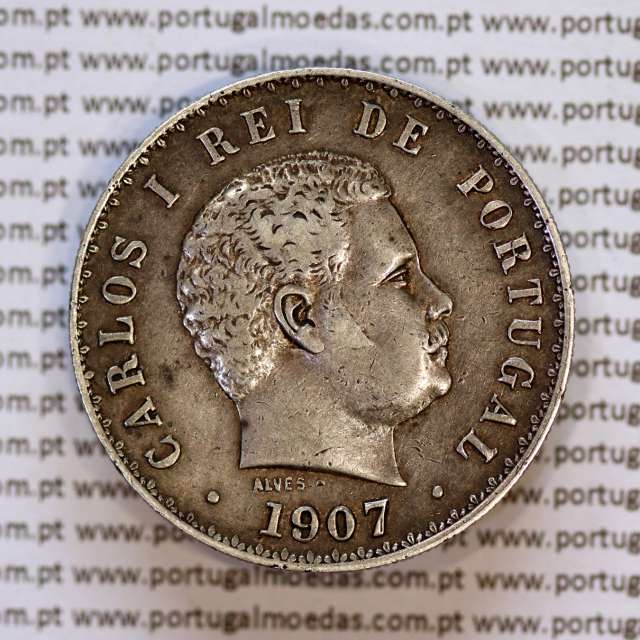 500 réis 1907 prata D. Carlos I, cinco tostões prata 1907 reinado D. Carlos I, (MBC+), World Coins Portugal KM 535