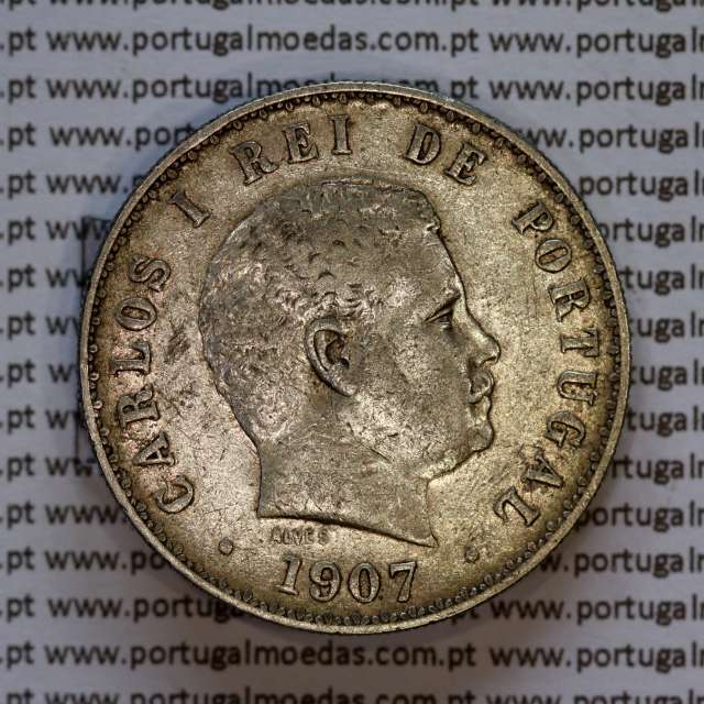 Portugal, silver coin of 500 réis 1907 of D. Carlos I, (VF), World Coins Portugal KM 535