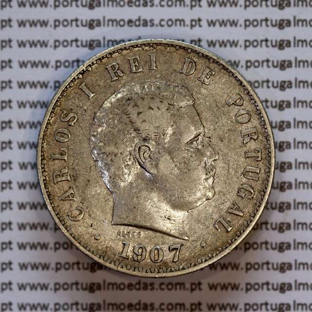 500 réis 1907 prata D. Carlos I, cinco tostões prata 1907 reinado D. Carlos I, (MBC+), World Coins Portugal KM 535