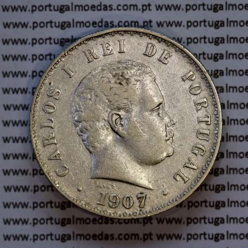 500 réis 1907 prata D. Carlos I, cinco tostões prata 1907 reinado D. Carlos I, (MBC), World Coins Portugal KM 535