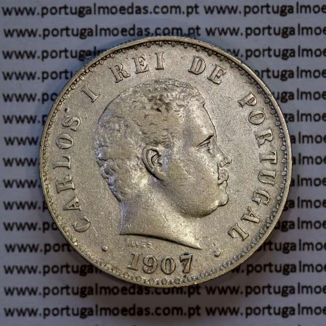 500 réis 1907 prata D. Carlos I, cinco tostões prata 1907 reinado D. Carlos I, (MBC), World Coins Portugal KM 535