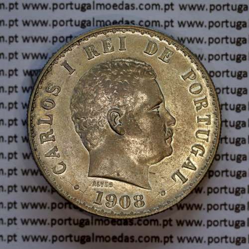 500 réis 1908 prata D. Carlos I, cinco tostões prata 1908 reinado D. Carlos I, (Bela-), World Coins Portugal KM 535
