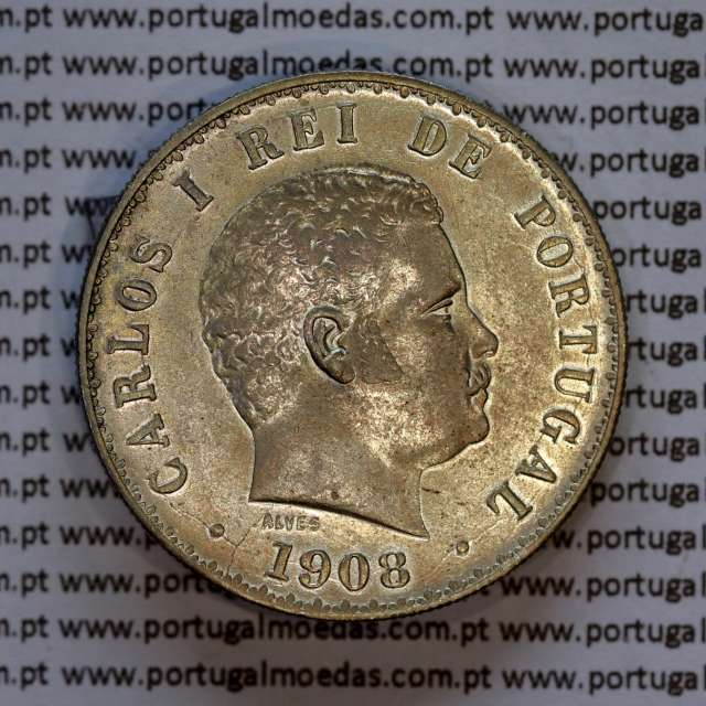 Portugal, silver coin of 500 réis 1908 of D. Carlos I, (XF), World Coins Portugal KM 535