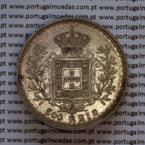 500 réis 1908 prata D. Carlos I, cinco tostões prata 1908 reinado D. Carlos I, (MBC+), World Coins Portugal KM 535