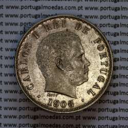 500 réis 1908 prata D. Carlos I, cinco tostões prata 1908 reinado D. Carlos I, (MBC+), World Coins Portugal KM 535