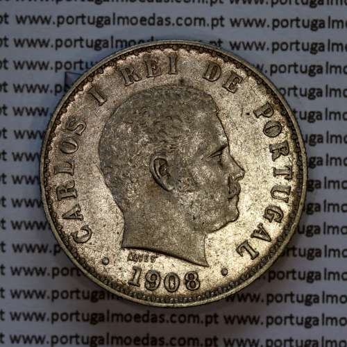 Portugal, silver coin of 500 réis 1908 of D. Carlos I, (VF+), World Coins Portugal KM 535