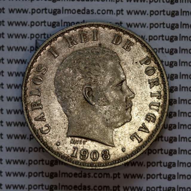 500 réis 1908 prata D. Carlos I, cinco tostões prata 1908 reinado D. Carlos I, (MBC+), World Coins Portugal KM 535